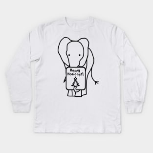 Christmas Elephant says Happy Holidays Line Drawing Kids Long Sleeve T-Shirt